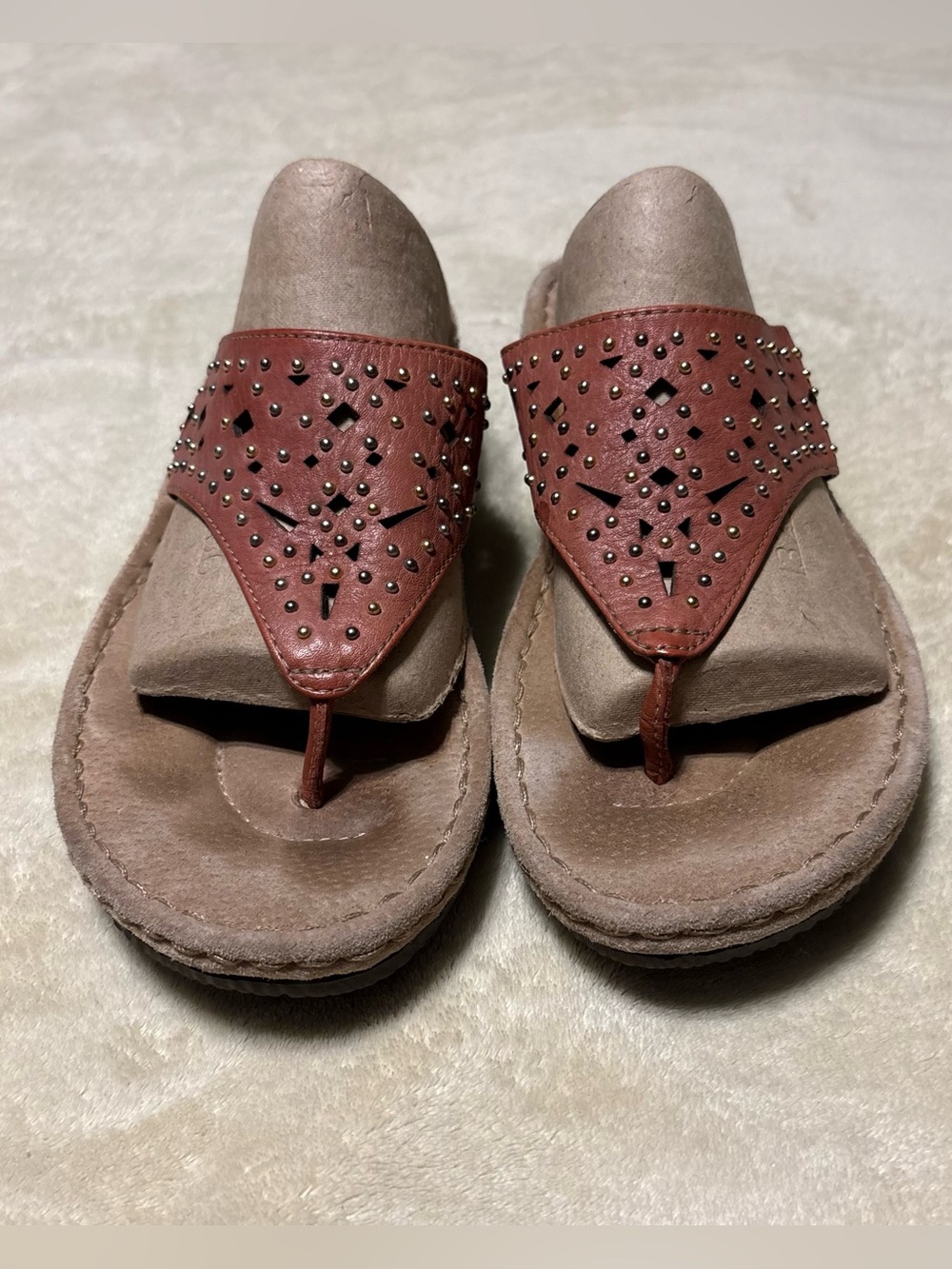 Clarks Brown Studded Leather Thong Sandals - Women's